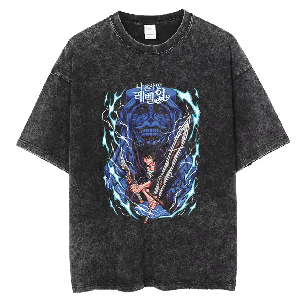 Solo Leveling Vintage T-Shirt – Sung Jin-Woo Printed Cotton Tee