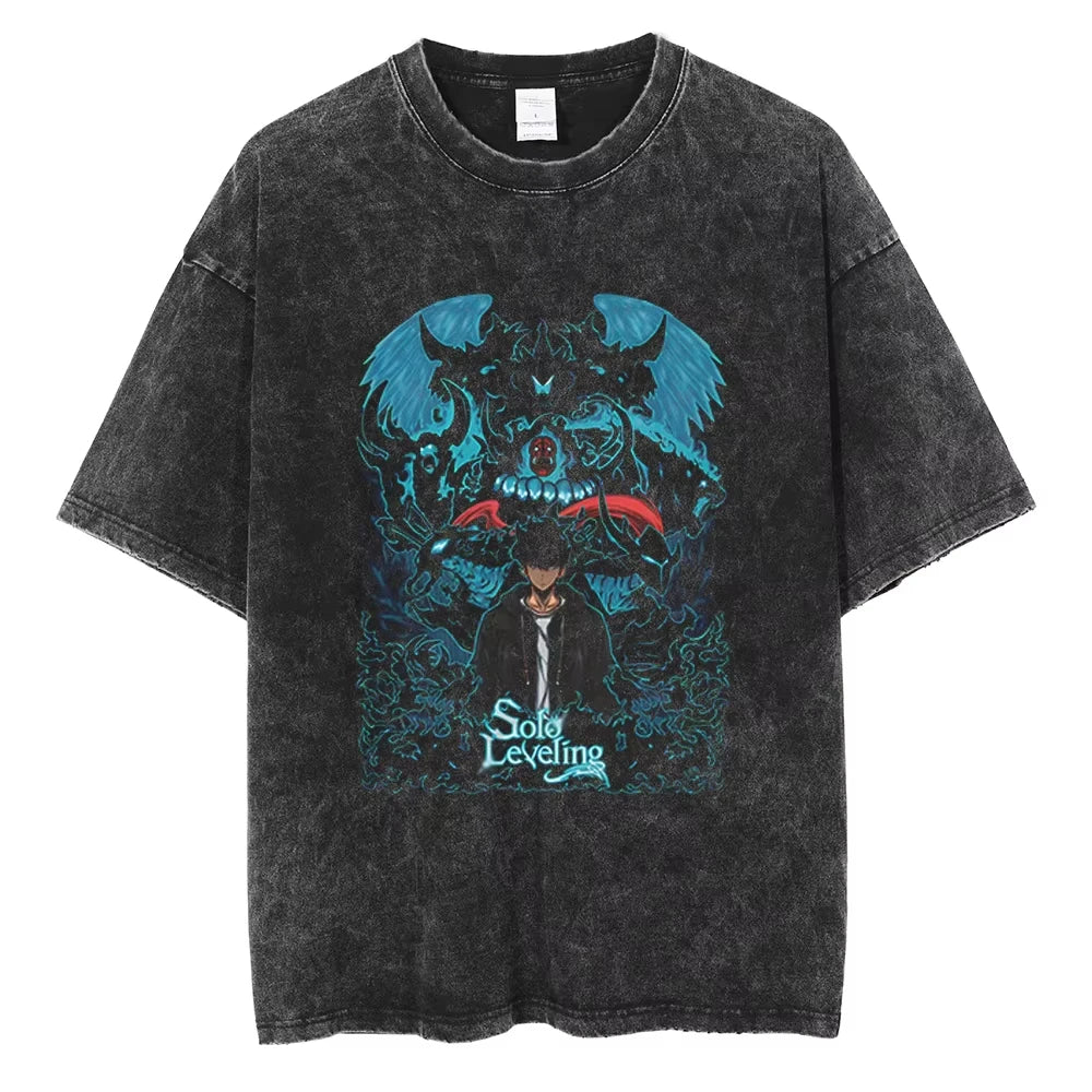 Solo Leveling Vintage T-Shirt – Sung Jin-Woo Printed Cotton Tee