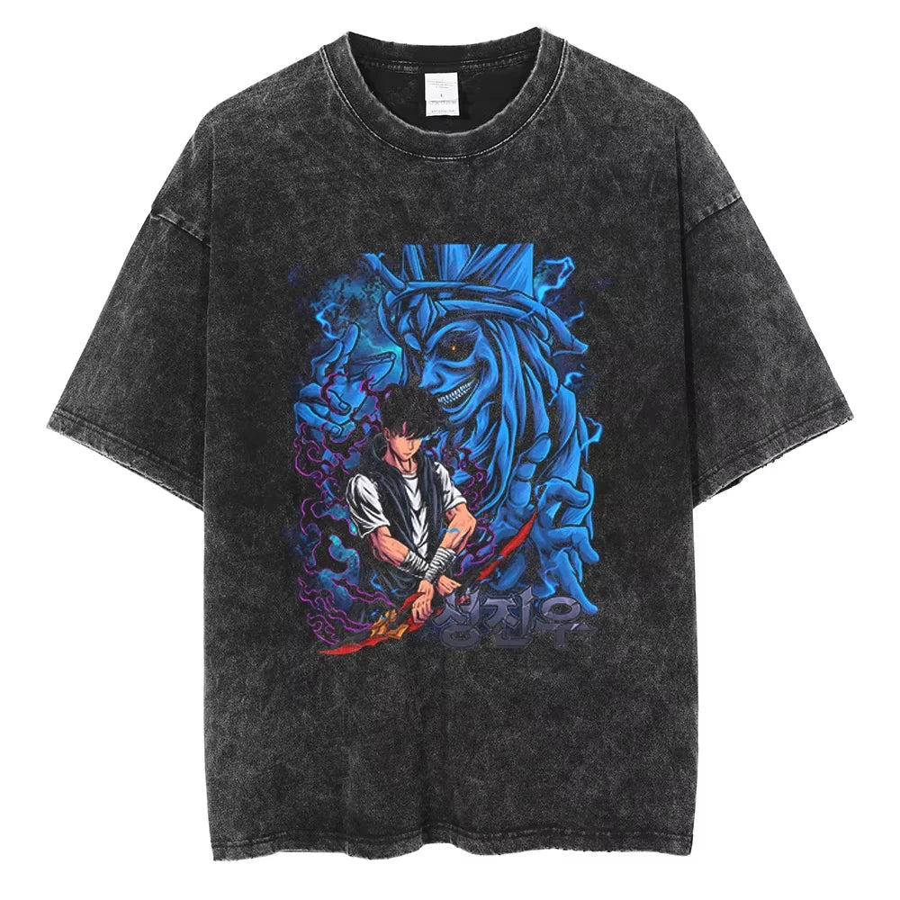 Solo Leveling Vintage T-Shirt – Sung Jin-Woo Printed Cotton Tee