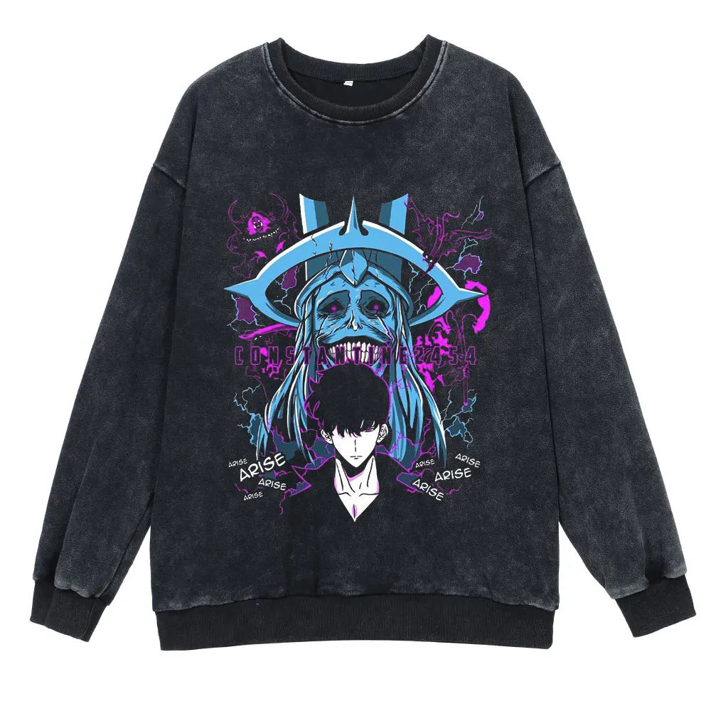 Solo Leveling Vintage Hoodie – Retro Washed Oversized Cotton Pullover