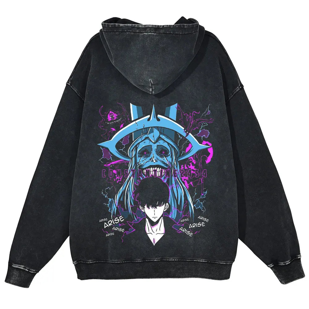 Solo Leveling Vintage Hoodie – Retro Washed Oversized Cotton Pullover