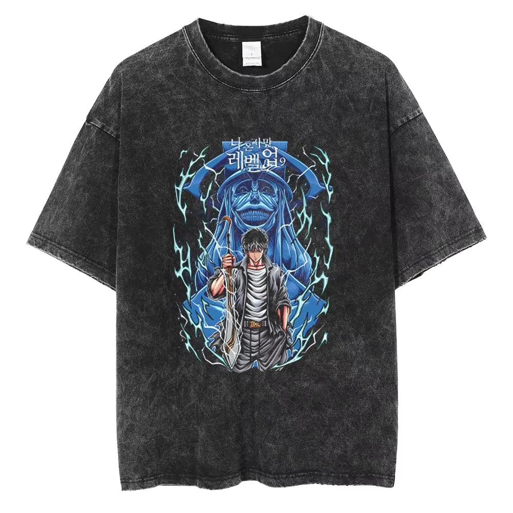 Solo Leveling Vintage T-Shirt – Sung Jin-Woo Printed Cotton Tee
